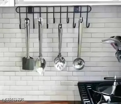 No Drill Wall Mounted Kitchen Utensil Hanger Rail with 11 Hooks Heavy Duty Carbon Steel Rack Black Rust Resistant Space Saving Kitchen Organizer for Pots Pans Spoons India image 2