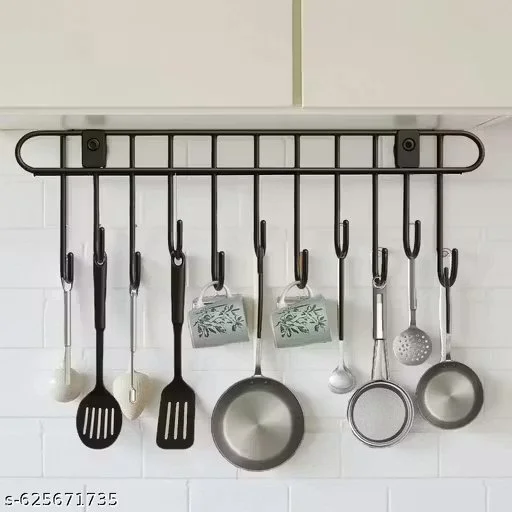 No Drill Wall Mounted Kitchen Utensil Hanger Rail with 11 Hooks Heavy Duty Carbon Steel Rack Black Rust Resistant Space Saving Kitchen Organizer for Pots Pans Spoons India image 3