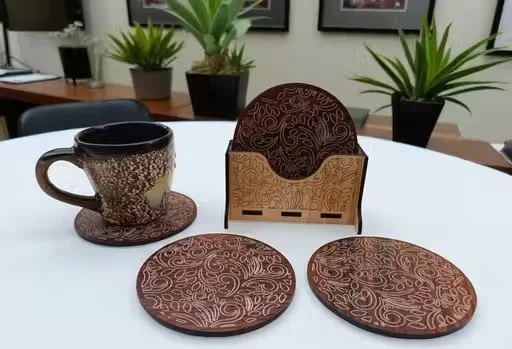 Premium Handcrafted Wooden Engraved Round Coaster Set of 6 with Decorative Holder for Tea Coffee Drinks Table Protection Rustic Art Home Decor Gift image 3