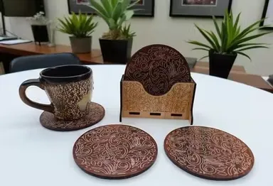 Premium Handcrafted Wooden Engraved Round Coaster Set of 6 with Decorative Holder for Tea Coffee Drinks Table Protection Rustic Art Home Decor Gift thumbnail 2