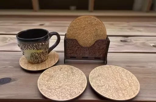 Premium Wooden Coaster Set with Floral Cream Pattern and Holder | Durable Drink Protection for Tea Coffee Glasses | Decorative Kitchen Dining Table Accessories image 2