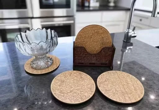 Premium Wooden Coaster Set with Floral Cream Pattern and Holder | Durable Drink Protection for Tea Coffee Glasses | Decorative Kitchen Dining Table Accessories image 3