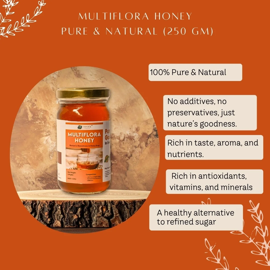 Veora Organics Multiflora Honey | 100% Pure & Natural Raw Honey | Chemical-Free Natural Sweetener | Rich in Antioxidants | Supports Immunity & Digestion | 250g image 2