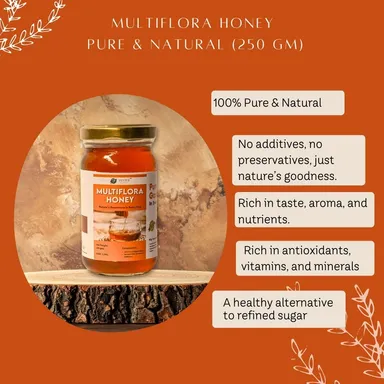 Veora Organics Multiflora Honey | 100% Pure & Natural Raw Honey | Chemical-Free Natural Sweetener | Rich in Antioxidants | Supports Immunity & Digestion | 250g thumbnail 1