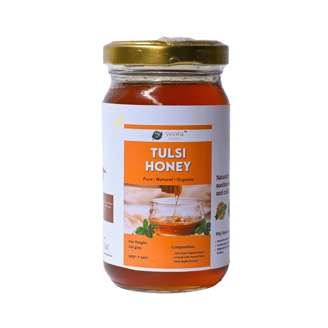 Veora Organics Tulsi Honey | 100% Pure & Natural Honey with Tulsi (Holy Basil) | Raw Unprocessed Honey | Immunity Booster for Cough, Cold & Throat Relief | Natural Sweetener | 250g image 1