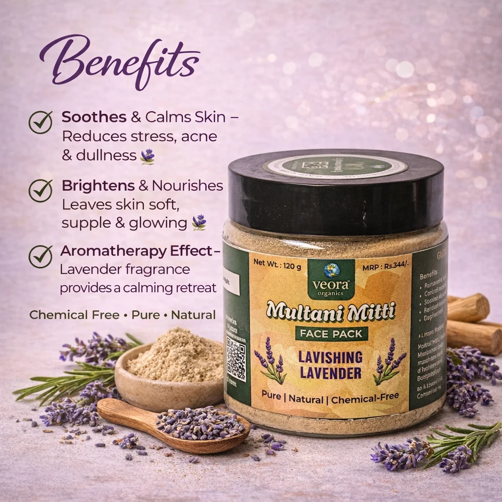 Veora Organics Multani Mitti Face Pack with Lavender | Natural Skin Brightening Face Pack with Banana Powder, Mulethi & Chandan | Oil Control, Tan Removal & Deep Cleansing | Herbal Face Mask | 120g image 2