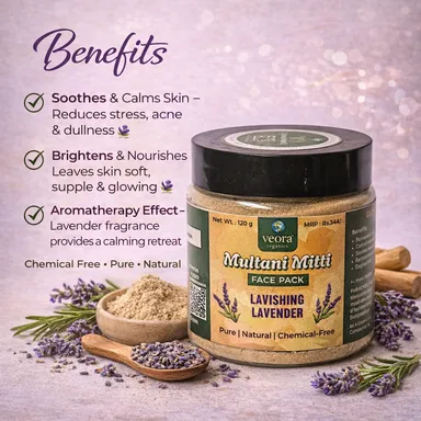 Veora Organics Multani Mitti Face Pack with Lavender | Natural Skin Brightening Face Pack with Banana Powder, Mulethi & Chandan | Oil Control, Tan Removal & Deep Cleansing | Herbal Face Mask | 120g thumbnail 1