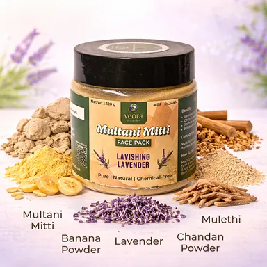 Veora Organics Multani Mitti Face Pack with Lavender | Natural Skin Brightening Face Pack with Banana Powder, Mulethi & Chandan | Oil Control, Tan Removal & Deep Cleansing | Herbal Face Mask | 120g thumbnail 2
