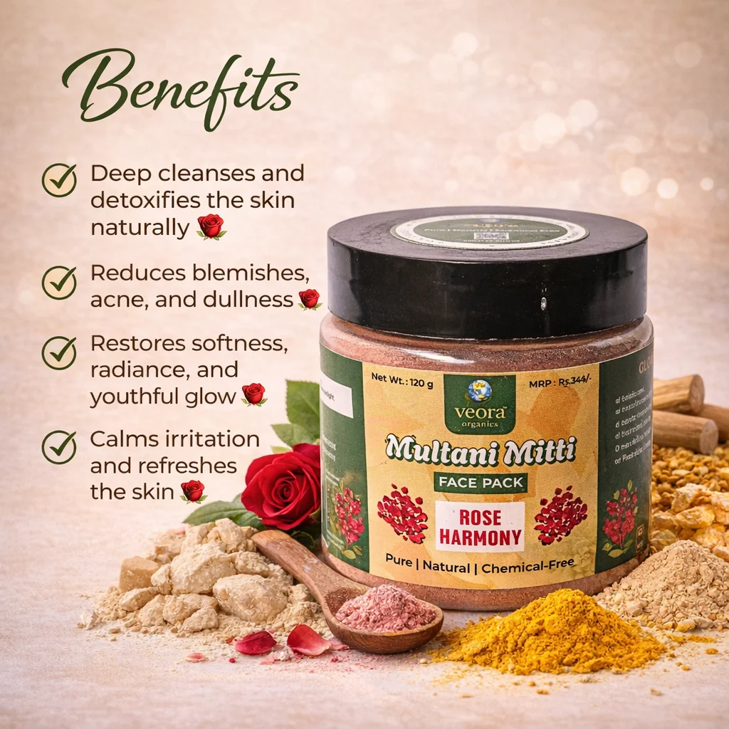 Veora Organics Multani Mitti Face Pack – Rose Harmony | Natural Skin Brightening Face Mask with Rose Petals & Orange Peel | Deep Cleansing, Oil Control & Tan Removal | Pure Chemical-Free Herbal Skincare | 120g image 2