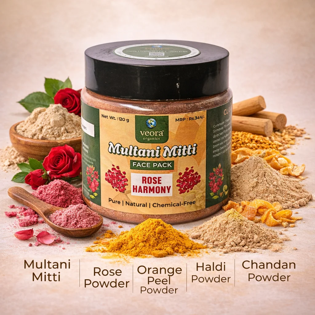 Veora Organics Multani Mitti Face Pack – Rose Harmony | Natural Skin Brightening Face Mask with Rose Petals & Orange Peel | Deep Cleansing, Oil Control & Tan Removal | Pure Chemical-Free Herbal Skincare | 120g image 3