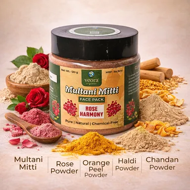 Veora Organics Multani Mitti Face Pack – Rose Harmony | Natural Skin Brightening Face Mask with Rose Petals & Orange Peel | Deep Cleansing, Oil Control & Tan Removal | Pure Chemical-Free Herbal Skincare | 120g thumbnail 2