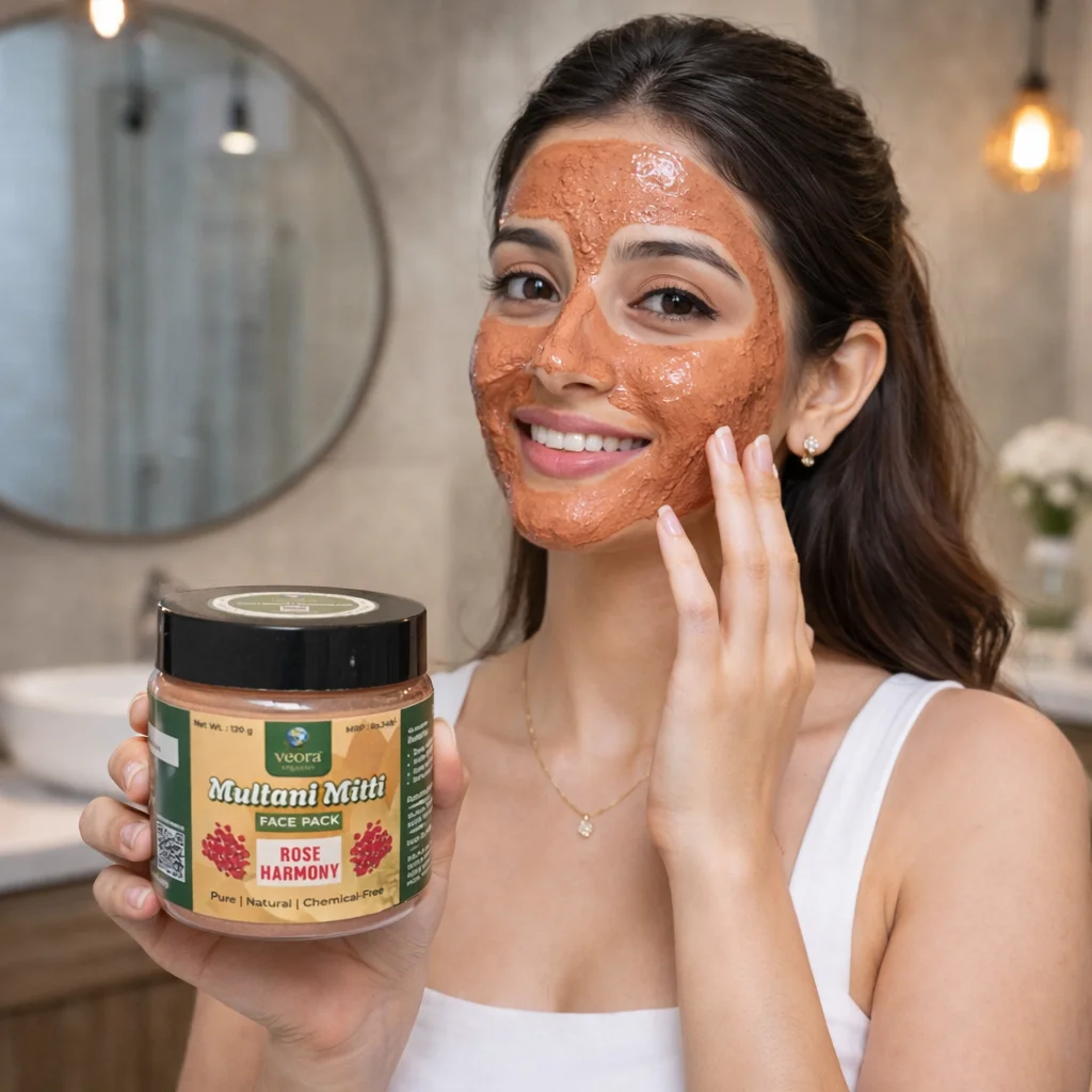 Veora Organics Multani Mitti Face Pack – Rose Harmony | Natural Skin Brightening Face Mask with Rose Petals & Orange Peel | Deep Cleansing, Oil Control & Tan Removal | Pure Chemical-Free Herbal Skincare | 120g image 4