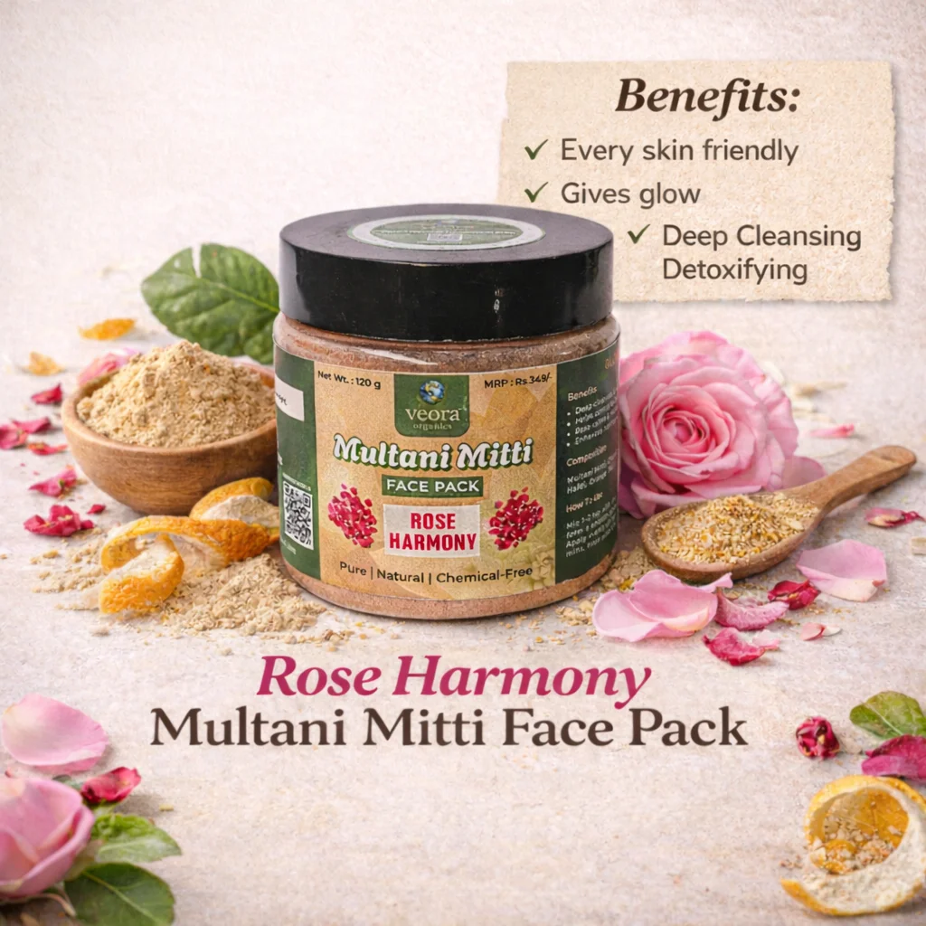 Veora Organics Multani Mitti Face Pack – Rose Harmony | Natural Skin Brightening Face Mask with Rose Petals & Orange Peel | Deep Cleansing, Oil Control & Tan Removal | Pure Chemical-Free Herbal Skincare | 120g image 7