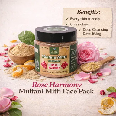 Veora Organics Multani Mitti Face Pack – Rose Harmony | Natural Skin Brightening Face Mask with Rose Petals & Orange Peel | Deep Cleansing, Oil Control & Tan Removal | Pure Chemical-Free Herbal Skincare | 120g thumbnail 6