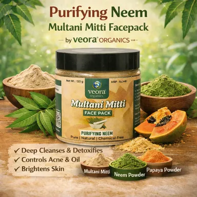 Veora Organics Multani Mitti Face Pack with Neem | Natural Deep Cleansing & Detox Face Mask | Oil Control, Acne Care & Skin Purifying | Chemical-Free Herbal Face Pack | 120g thumbnail 1