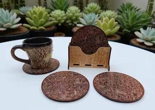 Premium Brown Wooden Leaf Design Coaster Set of 6 with Protective Holder Table Coasters for Tea Coffee Drinks Home Dining Decor India image 3
