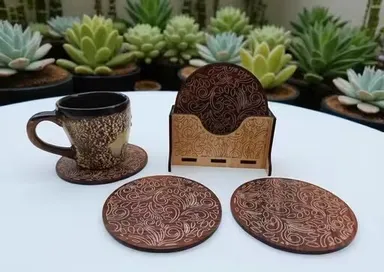 Premium Brown Wooden Leaf Design Coaster Set of 6 with Protective Holder Table Coasters for Tea Coffee Drinks Home Dining Decor India thumbnail 2
