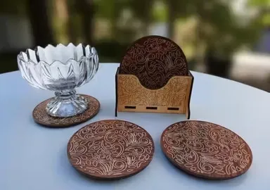 Premium Brown Wooden Leaf Design Coaster Set of 6 with Protective Holder Table Coasters for Tea Coffee Drinks Home Dining Decor India thumbnail 3