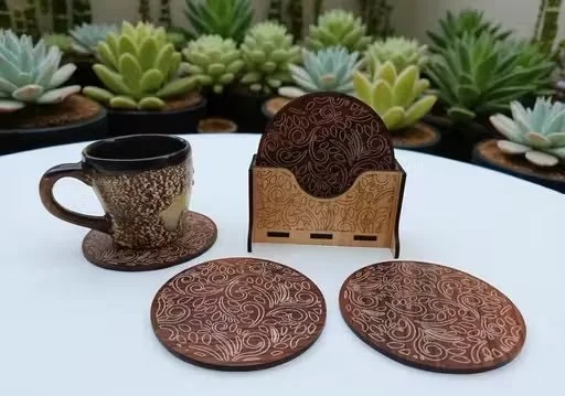 6 Pack Brown Wooden Tea Coasters with Leaf Design and Holder | Laser Cut MDF Wood Table Coasters for Dining Table, Office & Home Decor | Heat Resistant Cup & Mug Coasters Set of 6 image 3