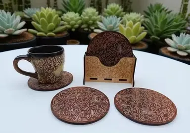 6 Pack Brown Wooden Tea Coasters with Leaf Design and Holder | Laser Cut MDF Wood Table Coasters for Dining Table, Office & Home Decor | Heat Resistant Cup & Mug Coasters Set of 6 thumbnail 2