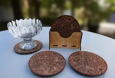 6 Pack Brown Wooden Tea Coasters with Leaf Design and Holder | Laser Cut MDF Wood Table Coasters for Dining Table, Office & Home Decor | Heat Resistant Cup & Mug Coasters Set of 6 thumbnail 3
