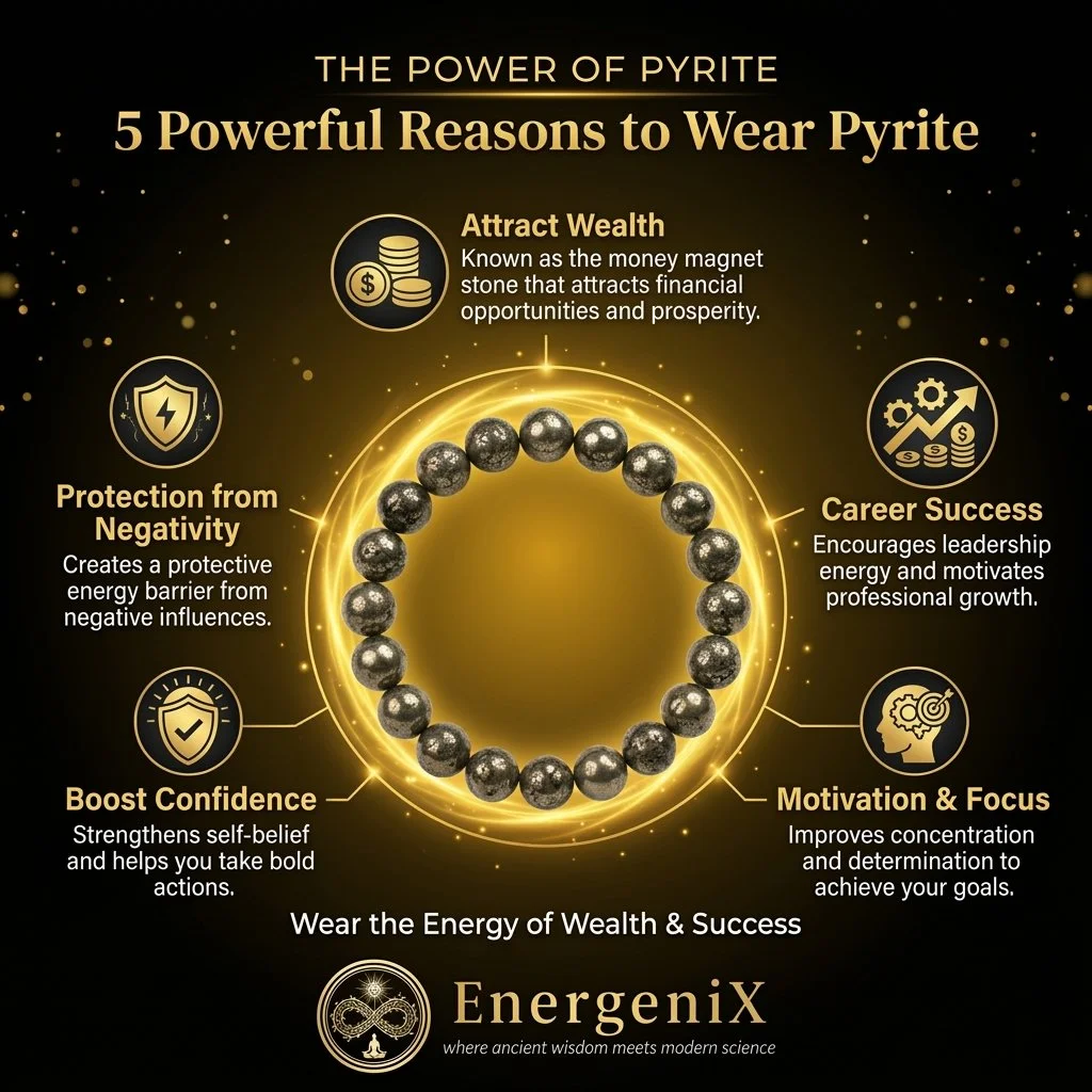 Energenix Premium Pyrite Bracelet for Wealth Success and Money Attraction Original Golden Pyrite Crystal Stone Bracelet for Men and Women with FREE 5 Mukhi Rudraksh Bead Certified Natural Healing Stones for Business Growth Confidence and Abundance image 2