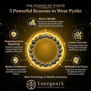Energenix Premium Pyrite Bracelet for Wealth Success and Money Attraction Original Golden Pyrite Crystal Stone Bracelet for Men and Women with FREE 5 Mukhi Rudraksh Bead Certified Natural Healing Stones for Business Growth Confidence and Abundance thumbnail 1