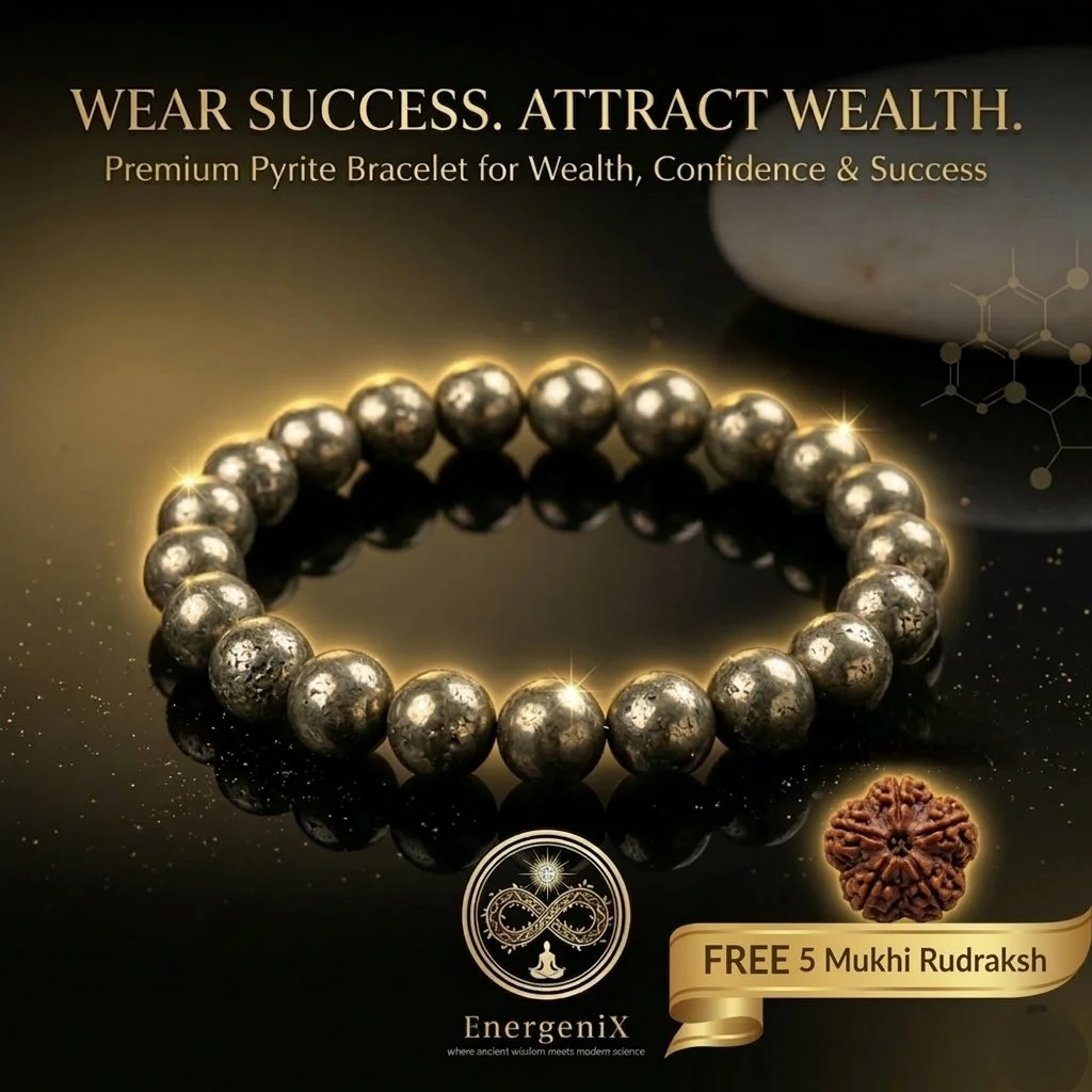 Energenix Premium Pyrite Bracelet for Wealth Success and Money Attraction Original Golden Pyrite Crystal Stone Bracelet for Men and Women with FREE 5 Mukhi Rudraksh Bead Certified Natural Healing Stones for Business Growth Confidence and Abundance image 1