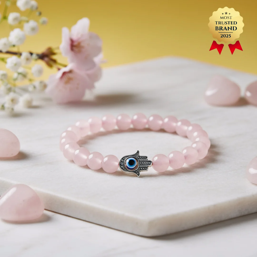 Energenix Rose Quartz Evil Eye Bracelet for Love, Relationship Healing and Spiritual Protection - Natural 8mm Pink Crystal Beads with Silver Hamsa Hand Nazar Charm for Peace, Harmony and Negative Energy Shielding - India Best Price 2026 image 1