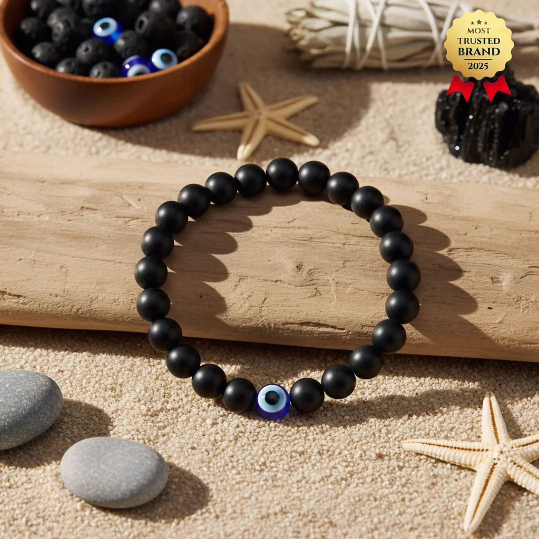 Energenix Black Tourmaline Evil Eye Bracelet Powerful Protection Negative Energy Shield Handmade Natural Stone Beaded Bracelet for Men and Women Grounding Root Chakra Healing Aura Cleansing Crystal Talisman Ward Off Nazar Bad Luck and Anxiety Relief image 1