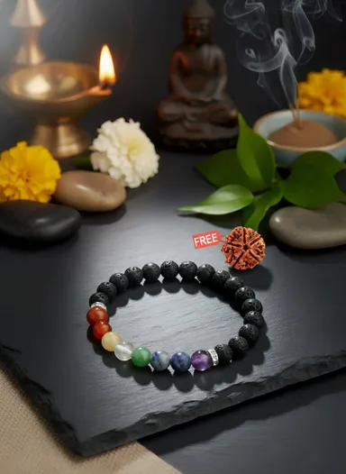 EnergeniX 7 Chakra Lava Bracelet for Healing Balance Meditation Unisex Black Lava Stone Beads with 5 Mukhi Rudraksha Free Gift Adjustable Handmade Spiritual Jewellery for Men Women Stress Relief thumbnail 1