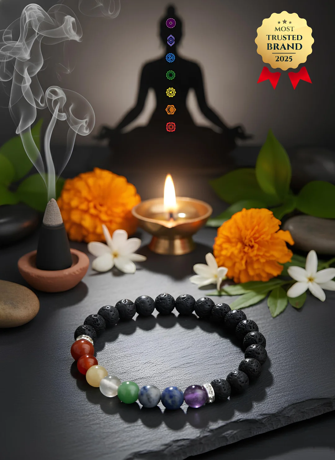 EnergeniX 7 Chakra Lava Bracelet for Healing Balance Meditation Unisex Black Lava Stone Beads with 5 Mukhi Rudraksha Free Gift Adjustable Handmade Spiritual Jewellery for Men Women Stress Relief image 1
