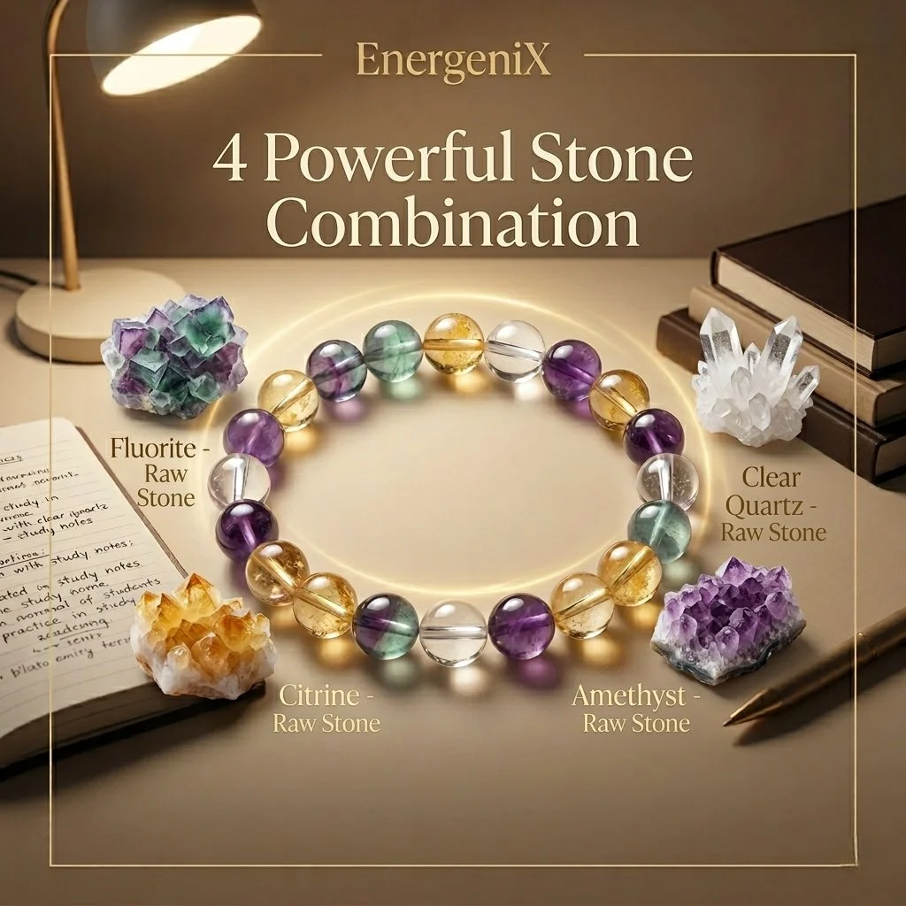 EnergeniX Student Success Bracelet with Fluorite & Amethyst for Focus Memory Stress Relief Exam Confidence Crystal Stone 8mm Unisex Elastic image 2