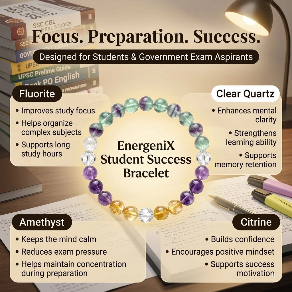 EnergeniX Student Success Bracelet with Fluorite & Amethyst for Focus Memory Stress Relief Exam Confidence Crystal Stone 8mm Unisex Elastic image 3