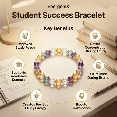 EnergeniX Student Success Bracelet with Fluorite & Amethyst for Focus Memory Stress Relief Exam Confidence Crystal Stone 8mm Unisex Elastic thumbnail 3