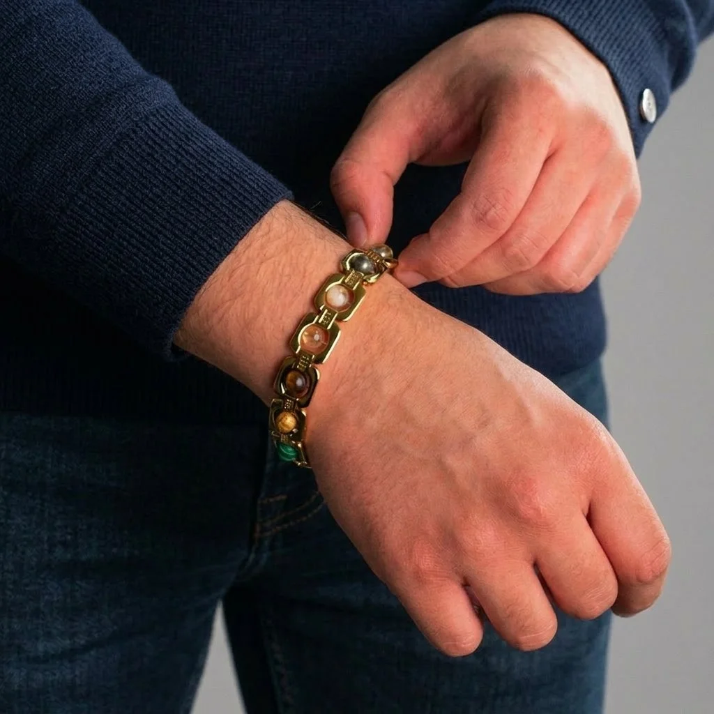 Money Magnet DhanYog Gold Chain Bracelet | Green Aventurine Citrine Pyrite Tiger Eye Sphatik Crystal for Wealth Success Business Luck | Astrological Energy Stone Jewellery image 3