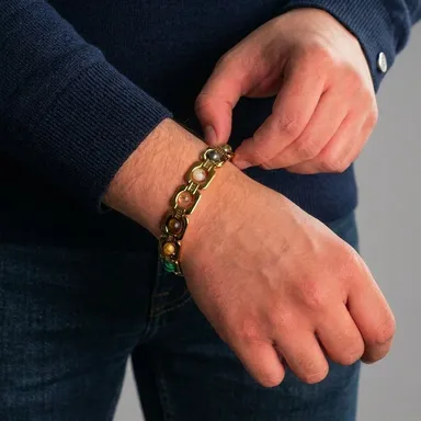 Money Magnet DhanYog Gold Chain Bracelet | Green Aventurine Citrine Pyrite Tiger Eye Sphatik Crystal for Wealth Success Business Luck | Astrological Energy Stone Jewellery thumbnail 2