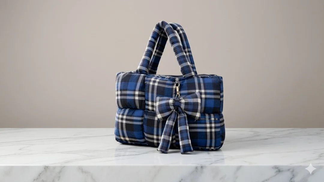 Blue Quilted Bow Puffer Handbag for Women Lightweight Soft Cushion Shoulder Tote Purse Designer Casual Party Bag India Stylish Nylon Polyester Handbag Large Capacity Trendy Fashion Tote image 1
