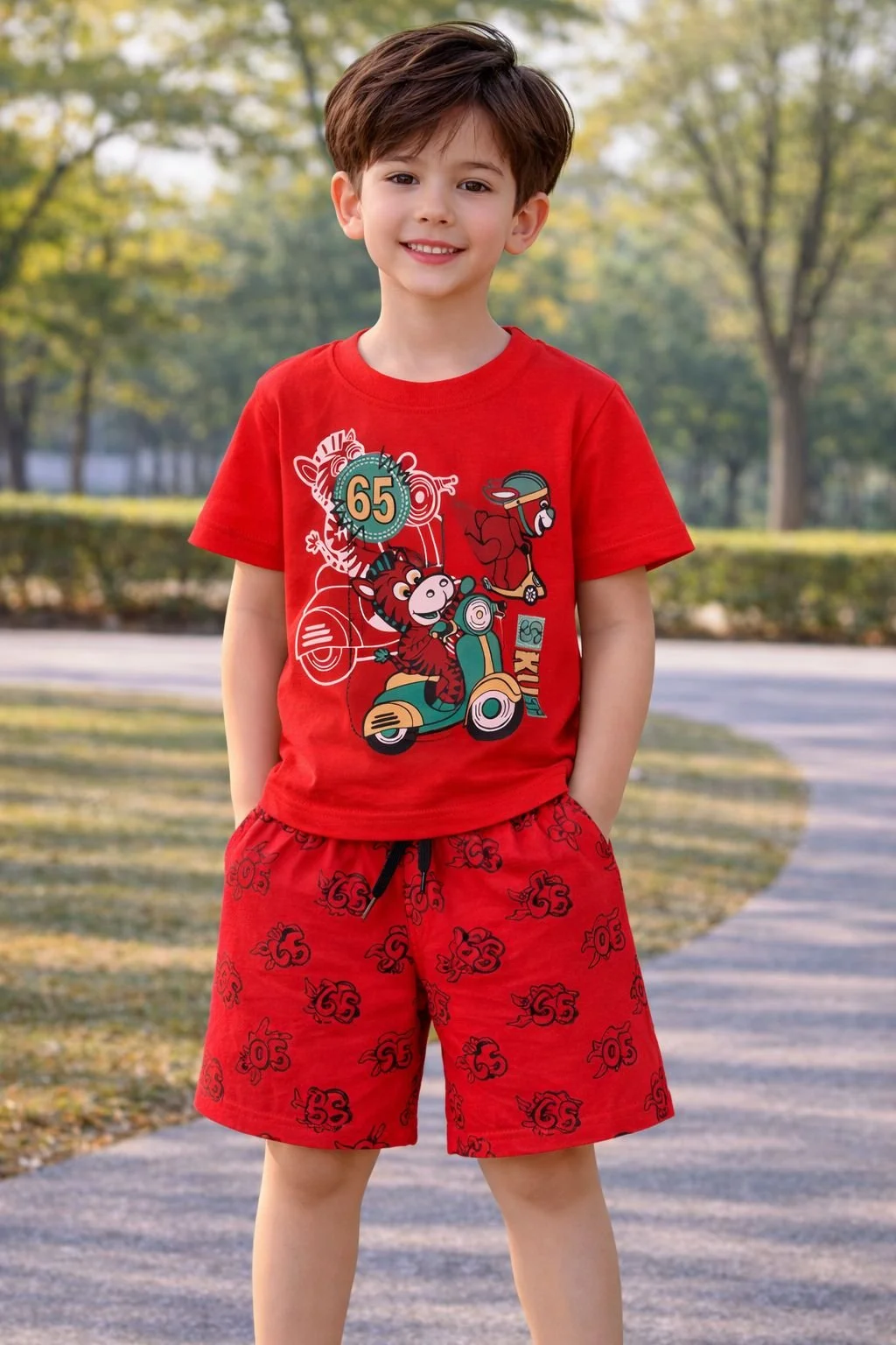 Boys Red Printed T Shirt and Shorts Set Cartoon Scooter Graphic Kids Summer Clothing Set Cotton Casual Outfit for Boys 2–8 Years Comfortable Playwear Two Piece Kids Dress image 1