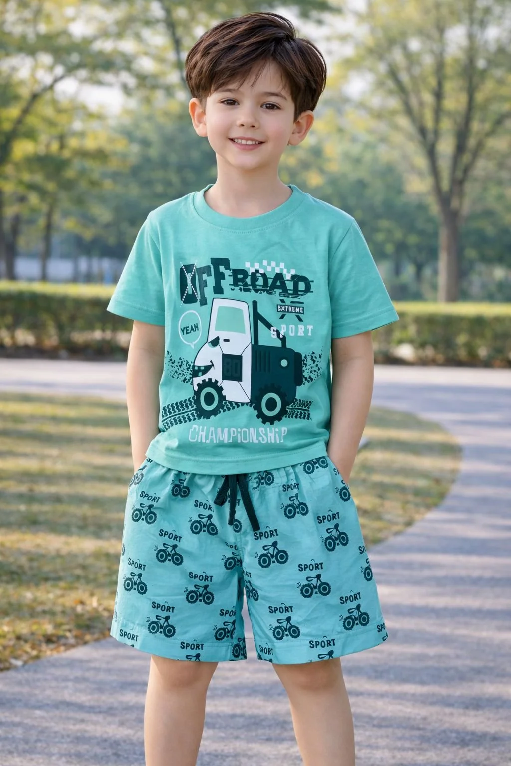 Boys Mint Green Printed T Shirt and Shorts Set Off Road Jeep Graphic Kids Summer Clothing Set Cotton Casual Outfit for Boys Comfortable Playwear Two Piece Set image 1