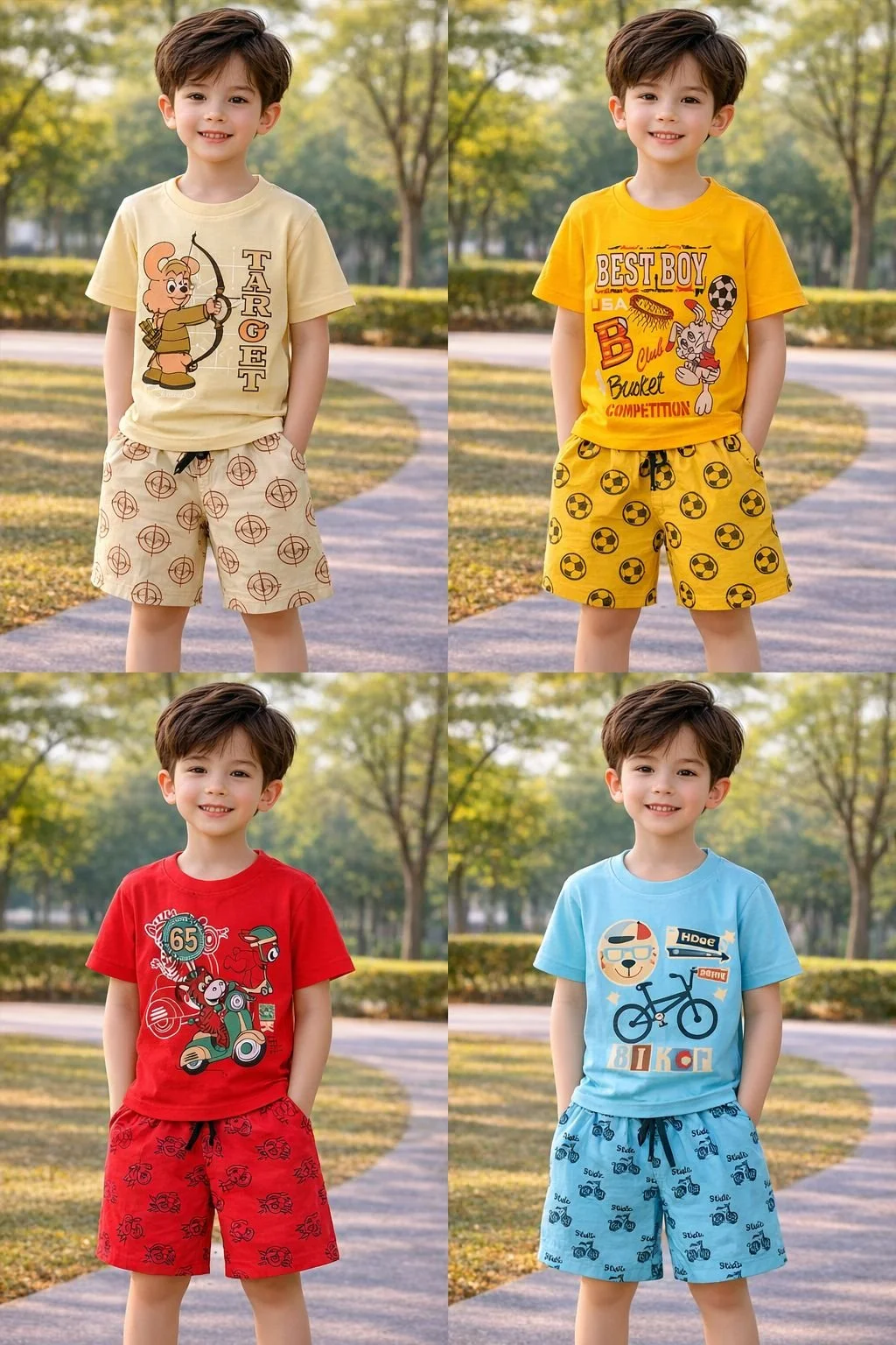 Boys Cotton Summer Co-Ord Set Kids Graphic Printed T-Shirt and Shorts Clothing Set Soft Breathable Casual Outfit for Toddlers and Kids Yellow Red Blue Beige Playwear Set image 1