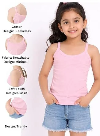 Girls Cotton Sleeveless Camisole Vest Innerwear Multicolour Combo Pack | Soft Breathable Stretch Kids Tank Top Lightweight Daily Wear image 4