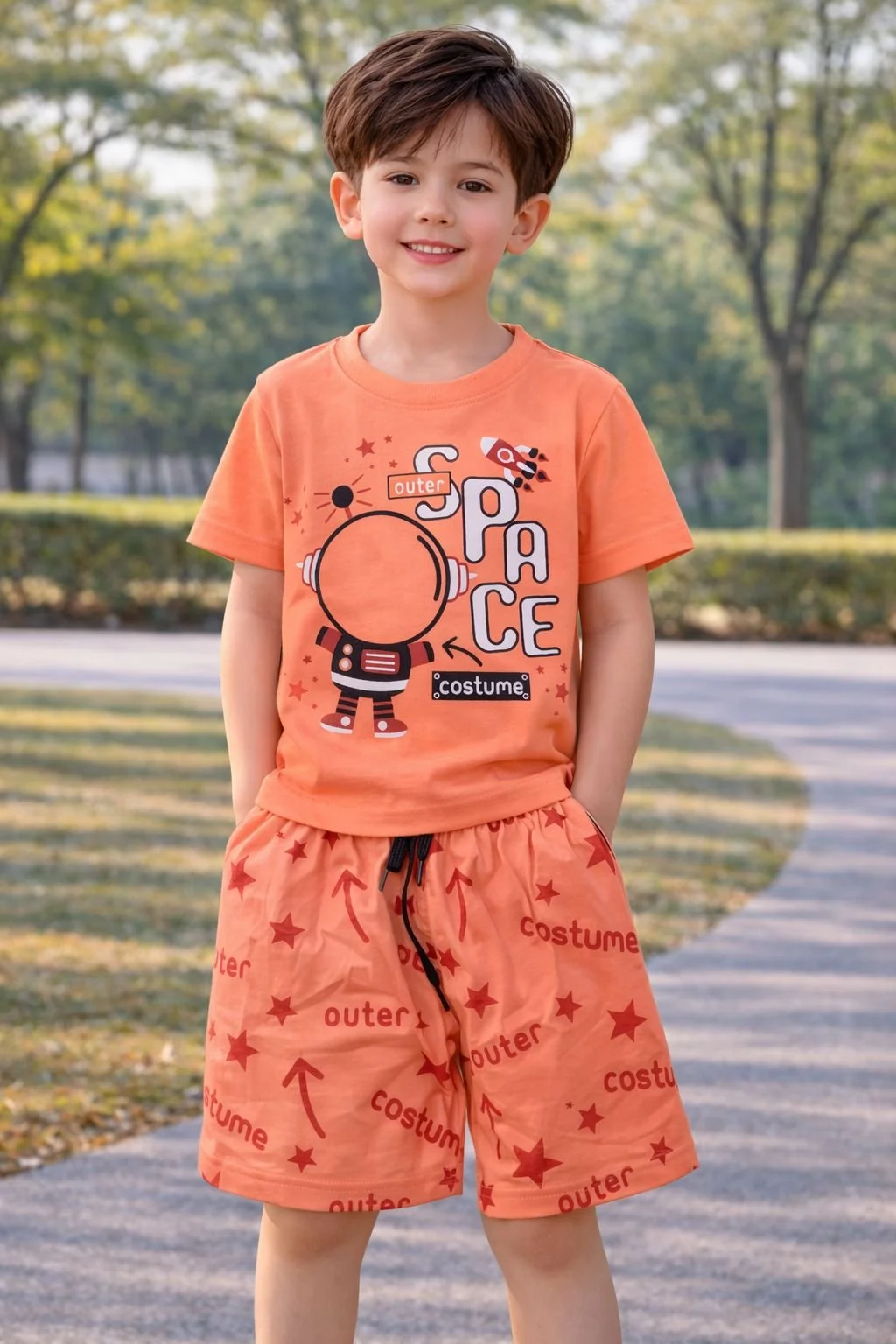 Kids Orange Space Astronaut Printed T-Shirt and Shorts Set for Boys Summer Cotton Co-ord Outfit Children Casual Graphic Tee with Matching Shorts Kids Clothing Set India image 1