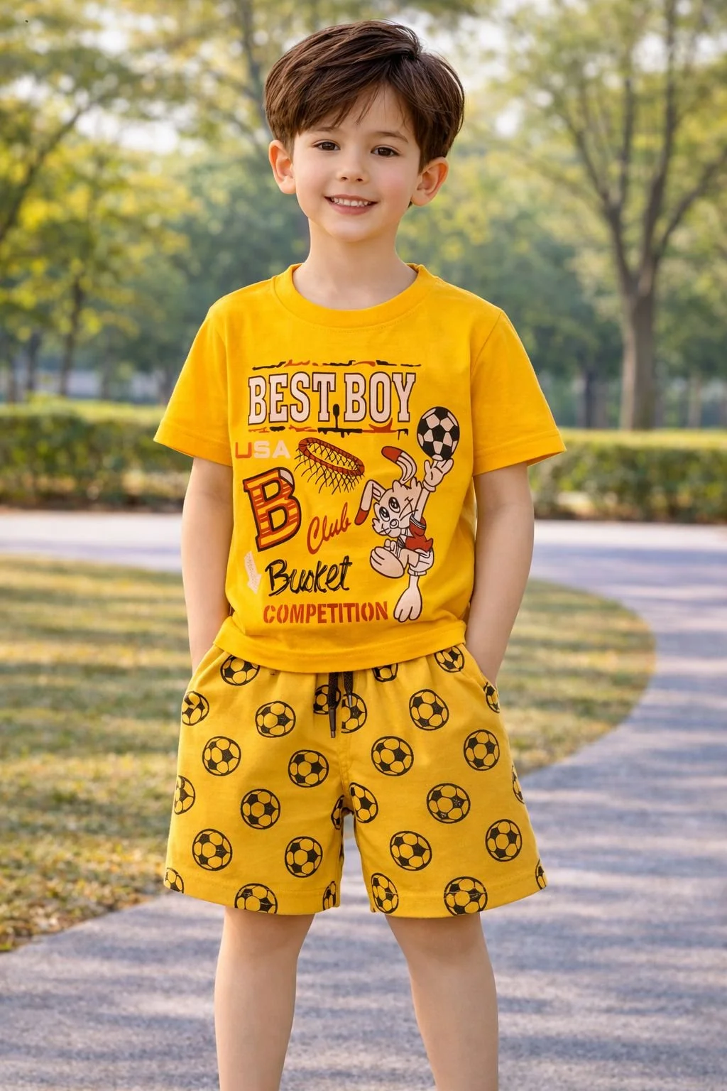 Boys Yellow Cotton Printed T-Shirt and Shorts Set Kids Summer Clothing Set Best Boy Graphic Tee Soccer Print Shorts Outfit Casual Sportswear for Boys Age 2–8 Years image 1