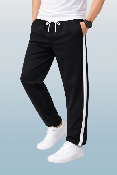 Dockstreet Men’s White Black Single Stripe Track Pants Lounge Lower Loose Fit Casual Joggers for Men Breathable Cotton Blend Sportswear Gym Wear Trending Striped Design Comfortable Daily Wear India White Black 28 image 1