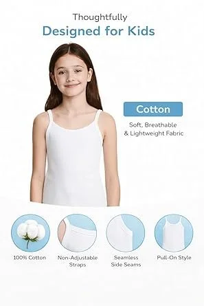 Girls Cotton Camisole Slip Tank Top Sleeveless Innerwear Vest Soft Breathable Stretch Kids Undershirt Summer Inner Wear for Girls White Comfortable Daily Wear Camisole Girls Cotton Camisole Slip Tank Top Sleeveless Innerwear Vest Soft Breathable Stretch K image 4