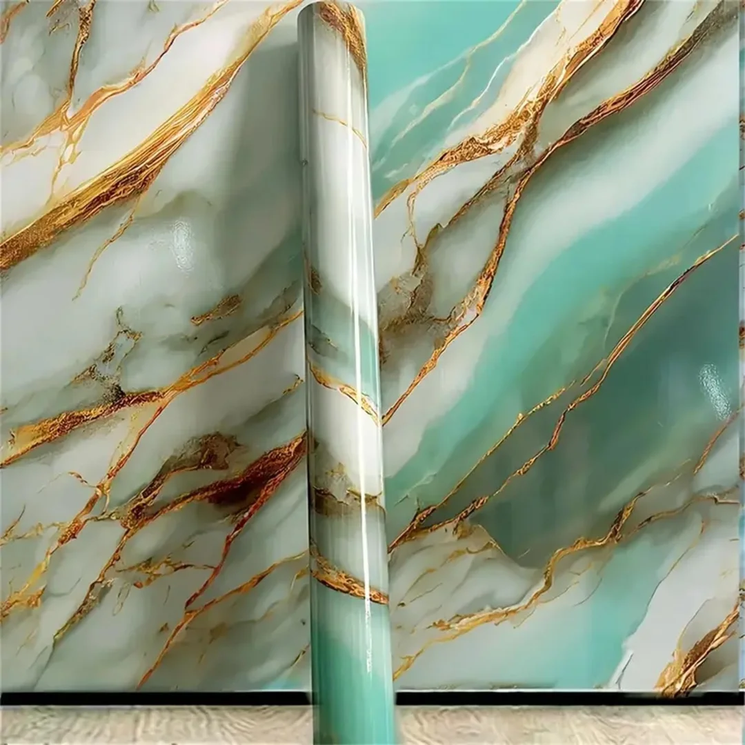 Self Adhesive PVC Marble Wallpaper Roll Green Gold Vein Waterproof Oil Proof Wall Sticker for Kitchen Backsplash Bathroom Living Room Decorative Wall Covering 60x200 cm image 1
