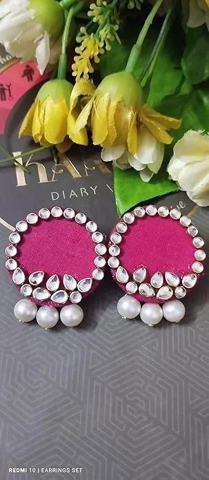 Pink Kundan Earring Set with Parlae Moti Pearl Gold Plated Ethnic Bridal Jewellery for Women Wedding Party Traditional Indian Designer Earrings image 3