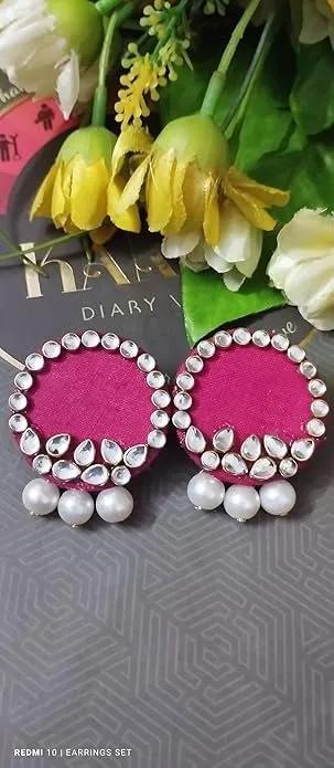 Pink Kundan Earring Set with Parlae Moti Pearl Gold Plated Ethnic Bridal Jewellery for Women Wedding Party Traditional Indian Designer Earrings thumbnail 2