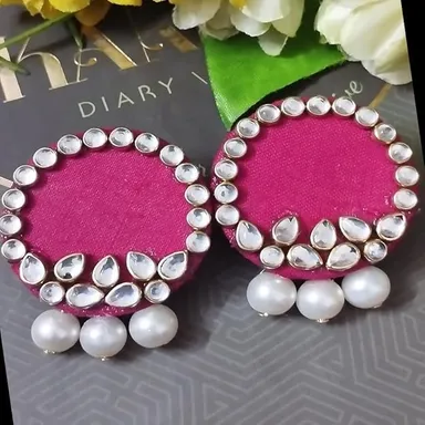 Pink Kundan Earring Set with Parlae Moti Pearl Gold Plated Ethnic Bridal Jewellery for Women Wedding Party Traditional Indian Designer Earrings thumbnail 3